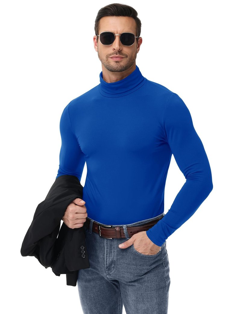 Poriff Men's Turtlenecks Long Sleeve Shirts Fleece Thermal Base Layer Tops Lightweight Fall Undershirt (Blue L)