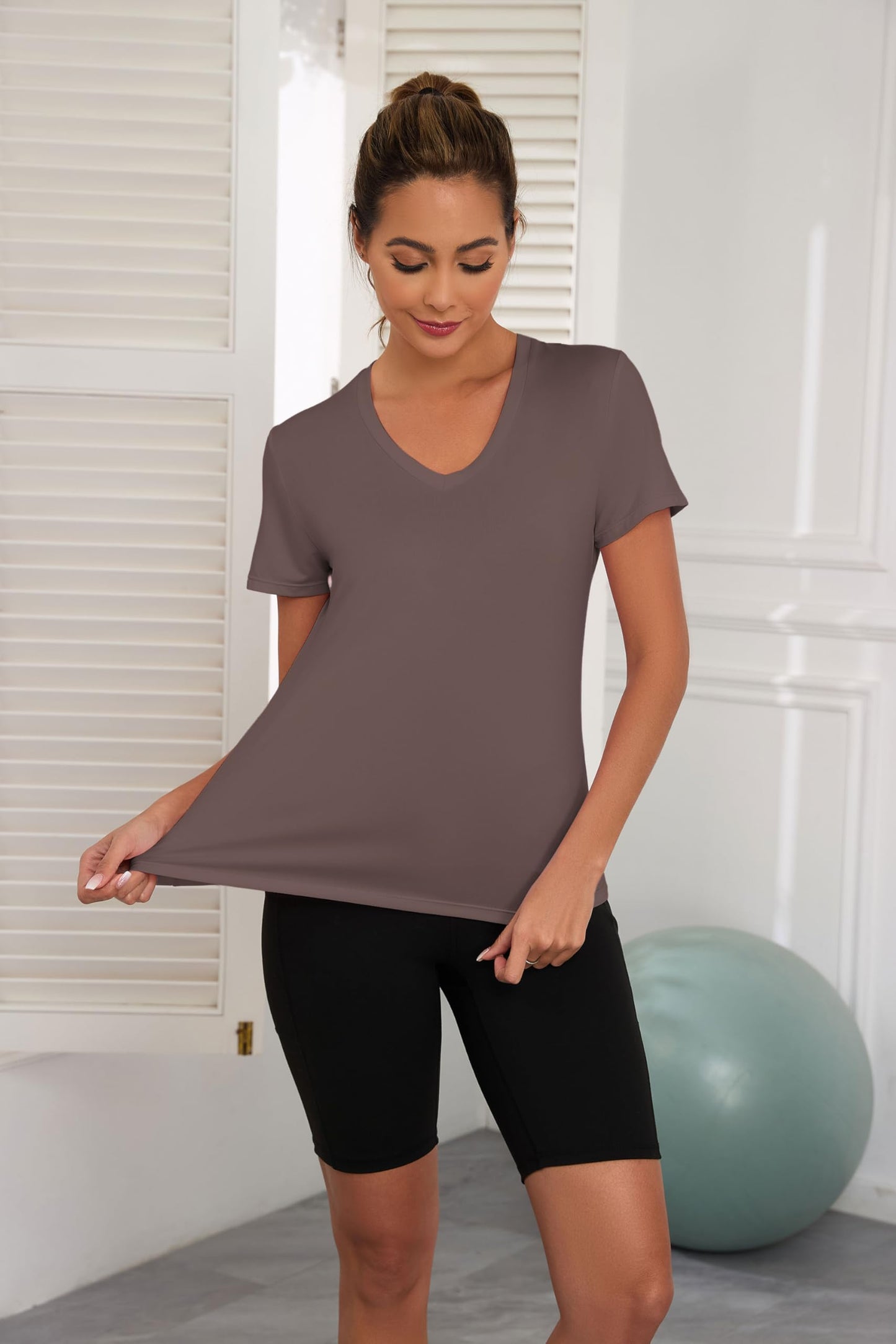 KevaMolly Dark Brown Workout Tops for Women V Neck UPF50+ Breathable Loose Fit Yoga T Shirts Short Sleeve Running Gym Athletic Tee Top L
