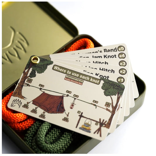 Knot Tying Kit | Camping & Outdoor Knots - by The Bear Essentials w/Waterproof Knot Tying Cards, 2 Practice Ropes, Burlap Sack, Bushcraft Tin | for Outdoors Survival, Backpacking, Hiking & Scouts