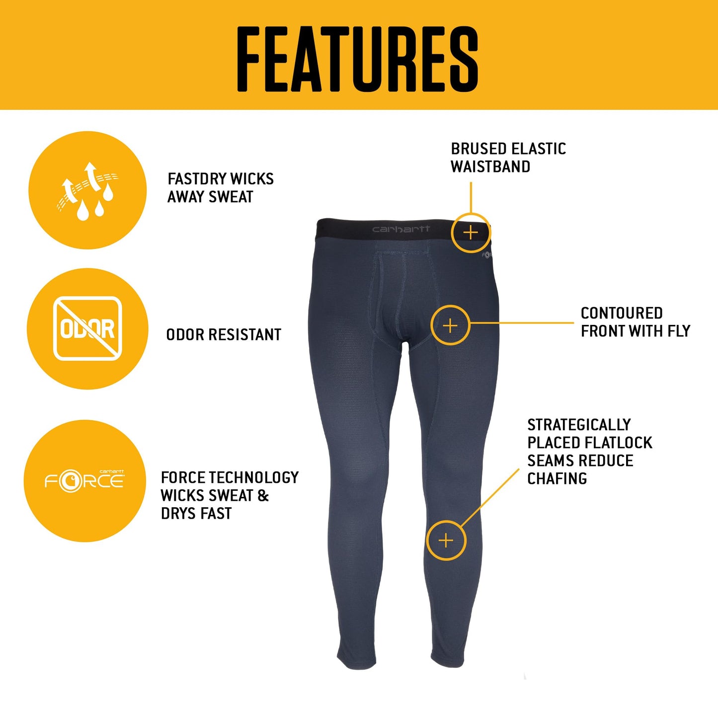 Carhartt Men's Force Midweight Waffle Base Layer Pant, Black, Large