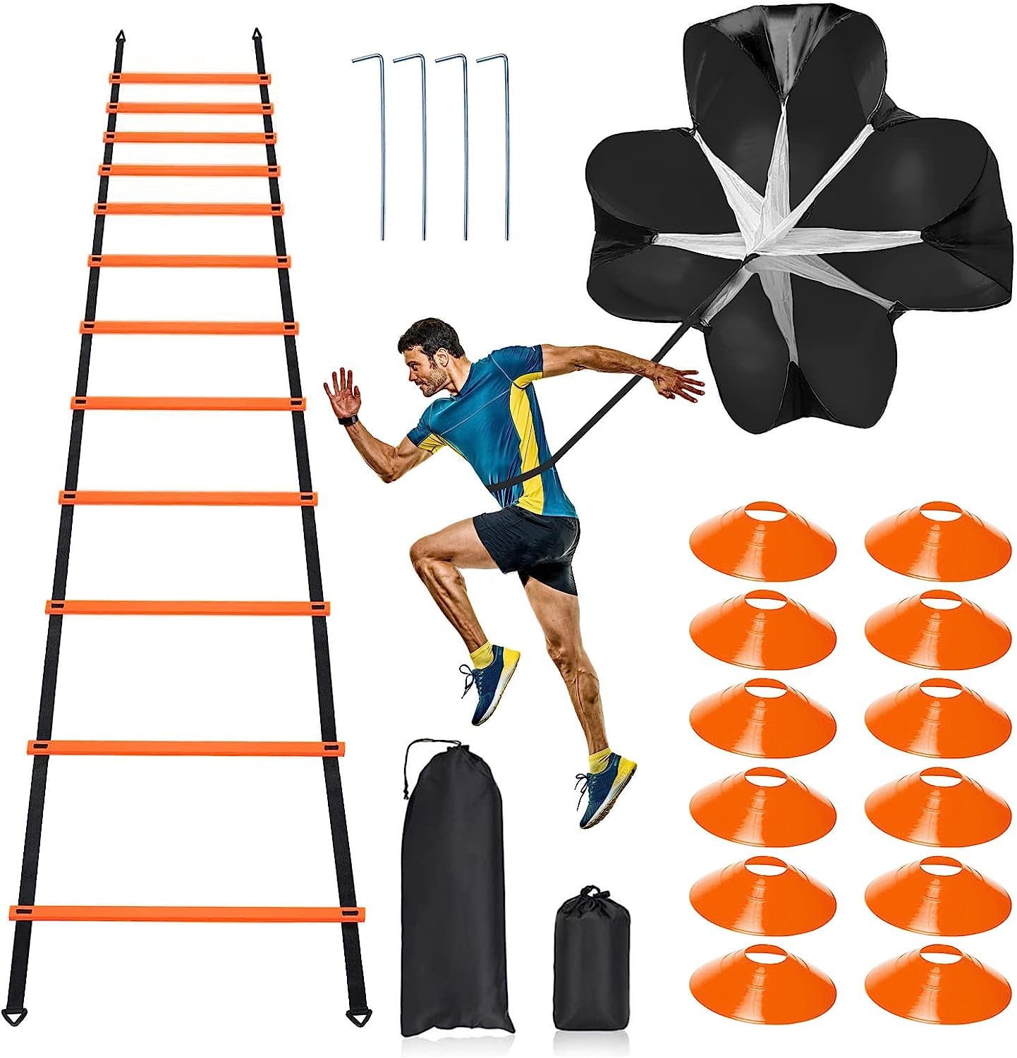 Pro Speed Agility Training Set—Includes 12 Rung 20ft Adjustable Agility Ladder with Carrying Bag, 12 Disc Cones, 4 Steel Stakes, 1 Running Parachute for Training Football, Soccer, Basketball Athletes