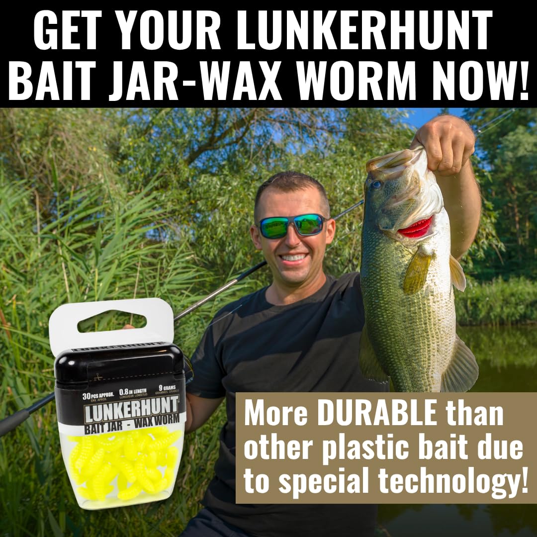 LUNKERHUNT Wax Worm Fishing Bait Jar with Unique Attractant | Durable Wax Worms for Fishing Bass, Fishing Lures Trout and Pike (Yellow)