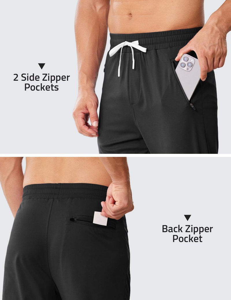 PINSPARK Men's Joggers with Zipper Pockets Stretch Lightweight Athletic Track Pants Gym Quick Dry Workout Pants for Men Black Medium