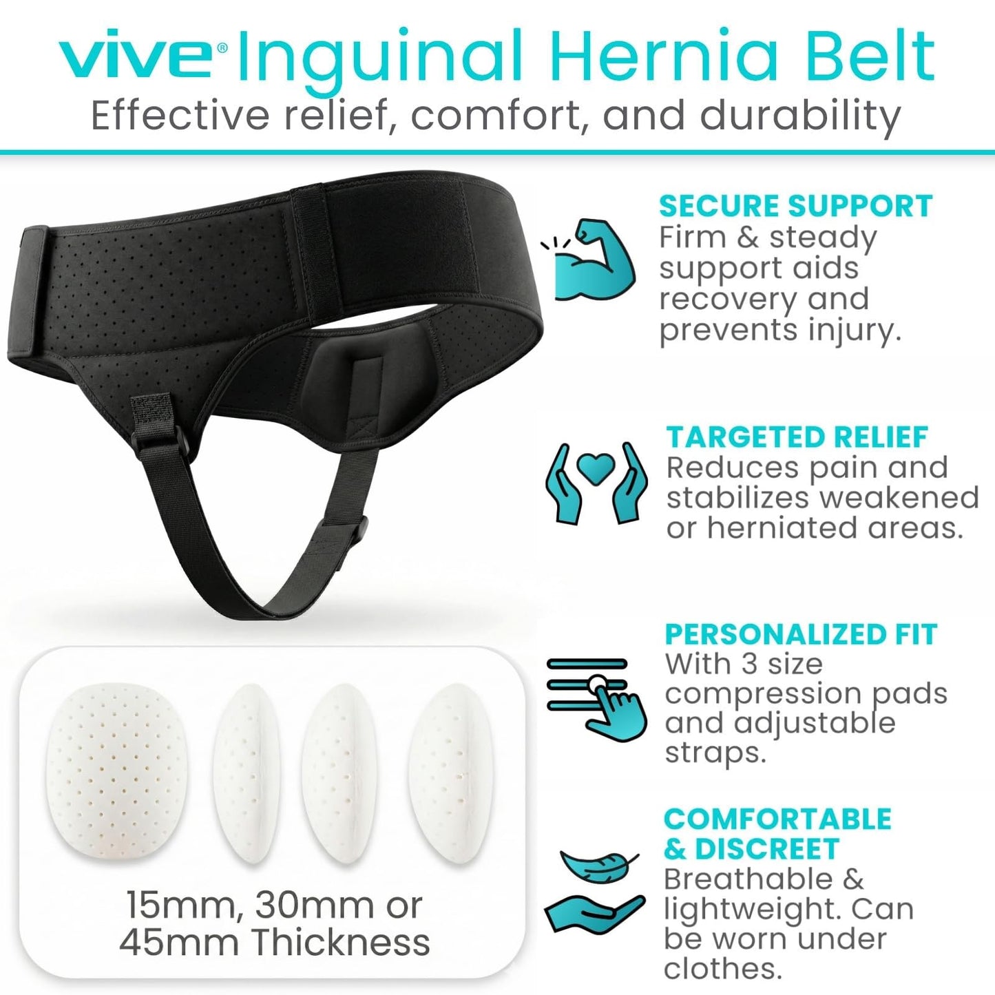 Vive Inguinal Hernia Belt for Men & Women - Left or Right Groin Support Truss for Targeted Compression, Pain Relief, Comfort, Pre & Post Surgery, Injury Recovery - 3 Removable Pressure Pads and Splint (Black)