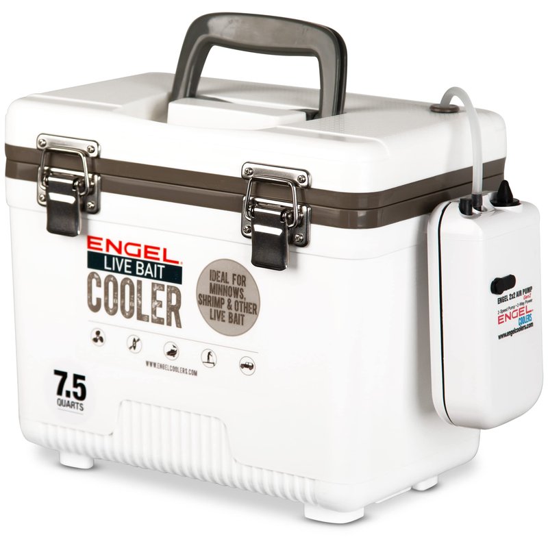 Engel 7.5qt Live Bait Cooler Box with 2nd Gen 2-Speed Aerator Pump - Portable Fishing Station & Minnow Bucket for Shrimp & Other Live Fish with Aerator - ENGLBC7-N in White