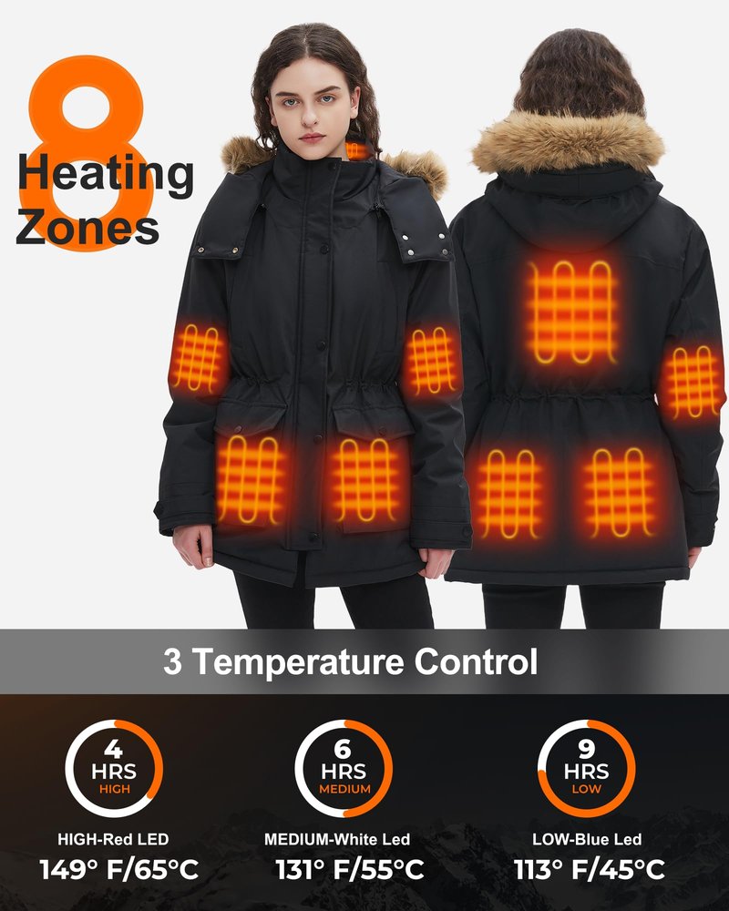 Hecusma Heated Jackets for Women with 18400mAh 12V Battery Pack Included, Parka Womens Heated Jacket with Hood Skating-Black, M