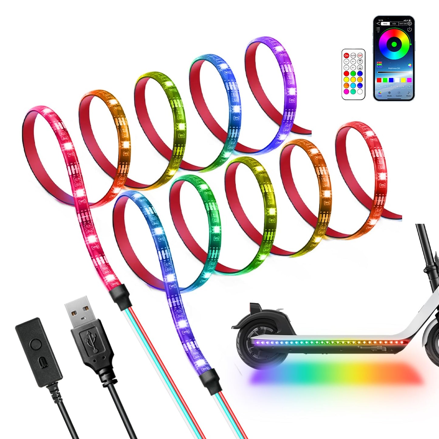 Miisiya Scooter Lights for Night Riding, Electric Scooter Led Strip Lights APP Control RGBIC for Scooter Lights Bicycle Skateboard