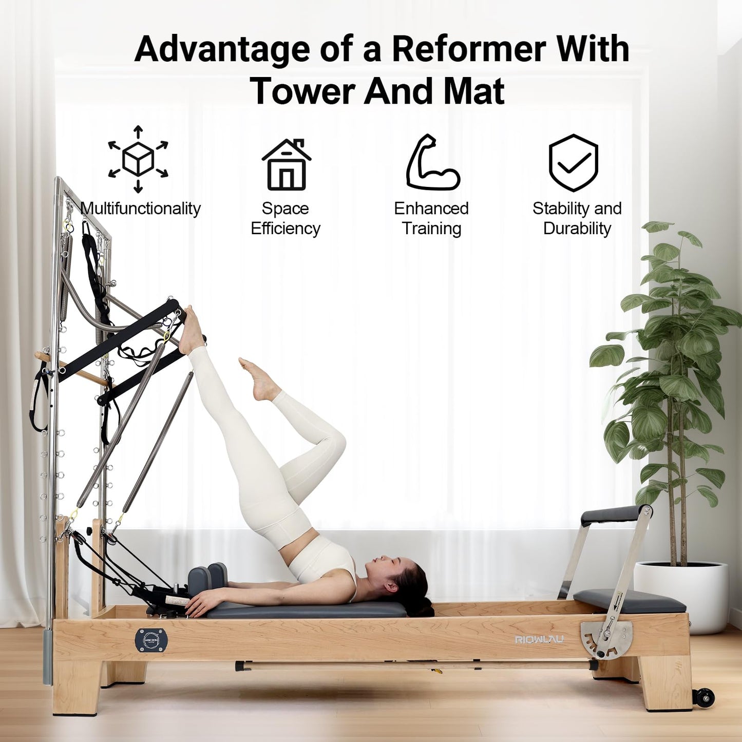 Pilates Reformer, Pilates Reformer Machine, Pilates Equipment for Home and Studio, Black Ultrafine Leather, Adjustable Resistance System (Reformer with Tower)