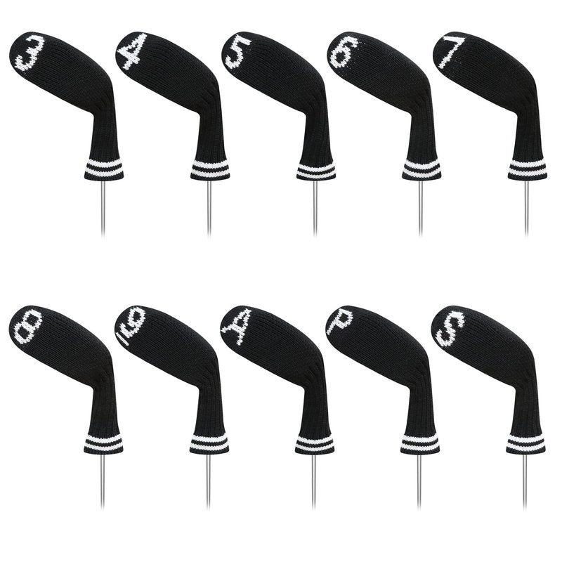 LeFeng 10pcs Knitted Golf Iron Head Covers 3-9/A/P/S Set - Lightweight and Durable Material - Multiple Patterns Golf Club Head Covers - Fit Well for Callaway Ping Taylormade Cobra Etc.(Black)