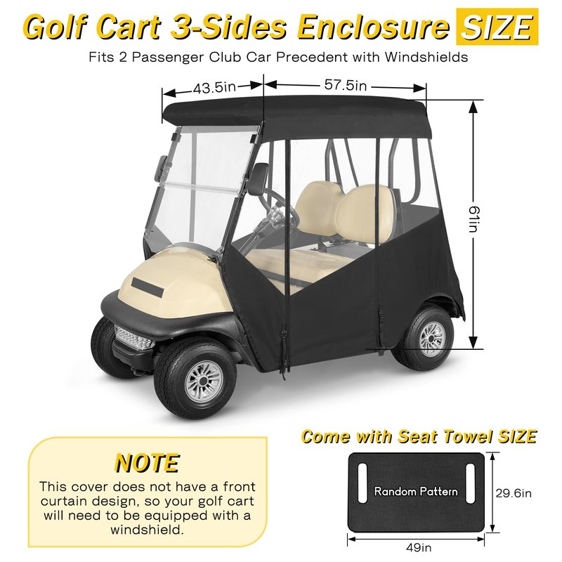SANXIACAR Golf Cart Enclosure 2 Passenger for Club Car Precedent 2 Seater Open Front Windshield 3-Sided Clear Windows Waterproof Transparent Driving Rain Covers Roll-up Door Black (with Seat Blanket)