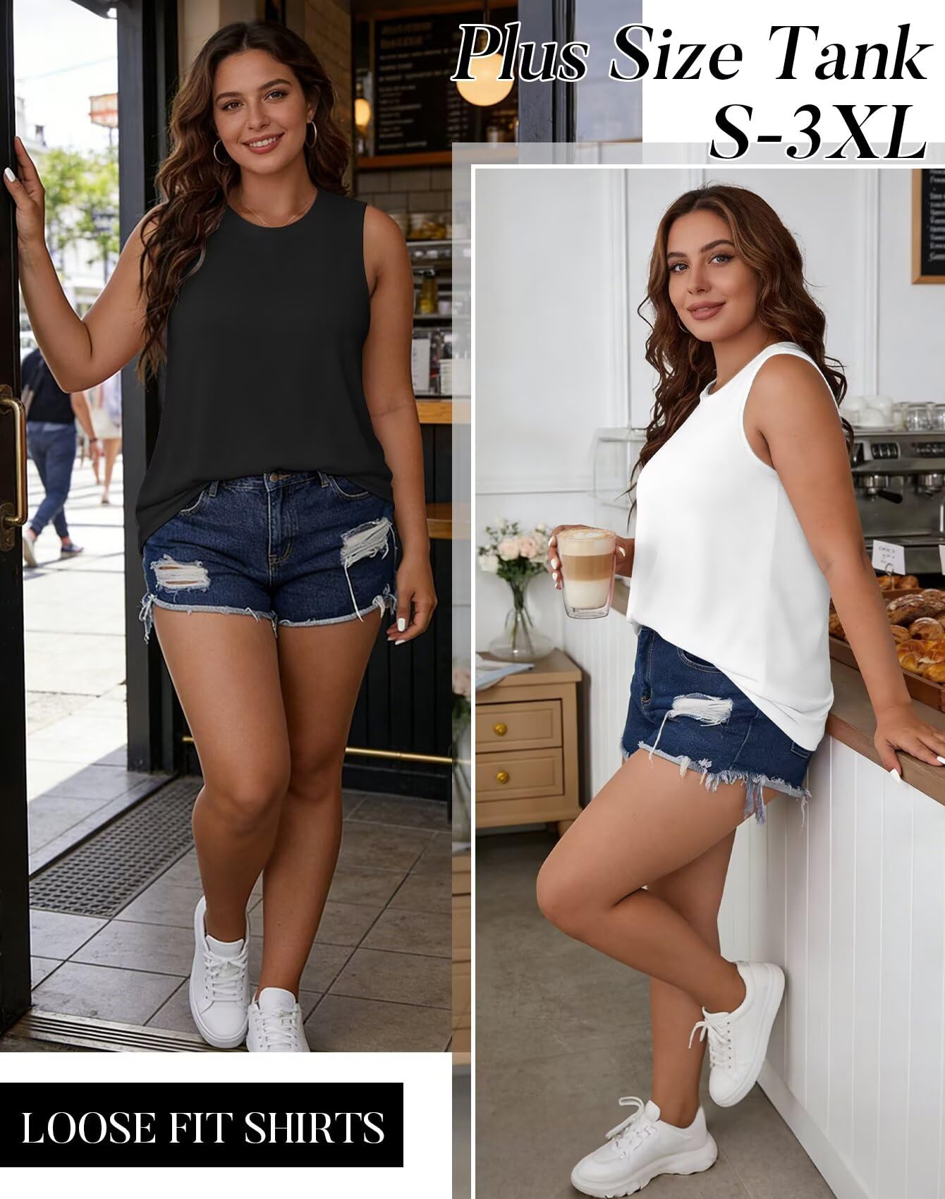 KKJ 2 Pack Womens Tank Tops Summer Crew Neck Sleeveless Loose Fit Casual Shirts Flowy Basic Tees Fashion Outfits