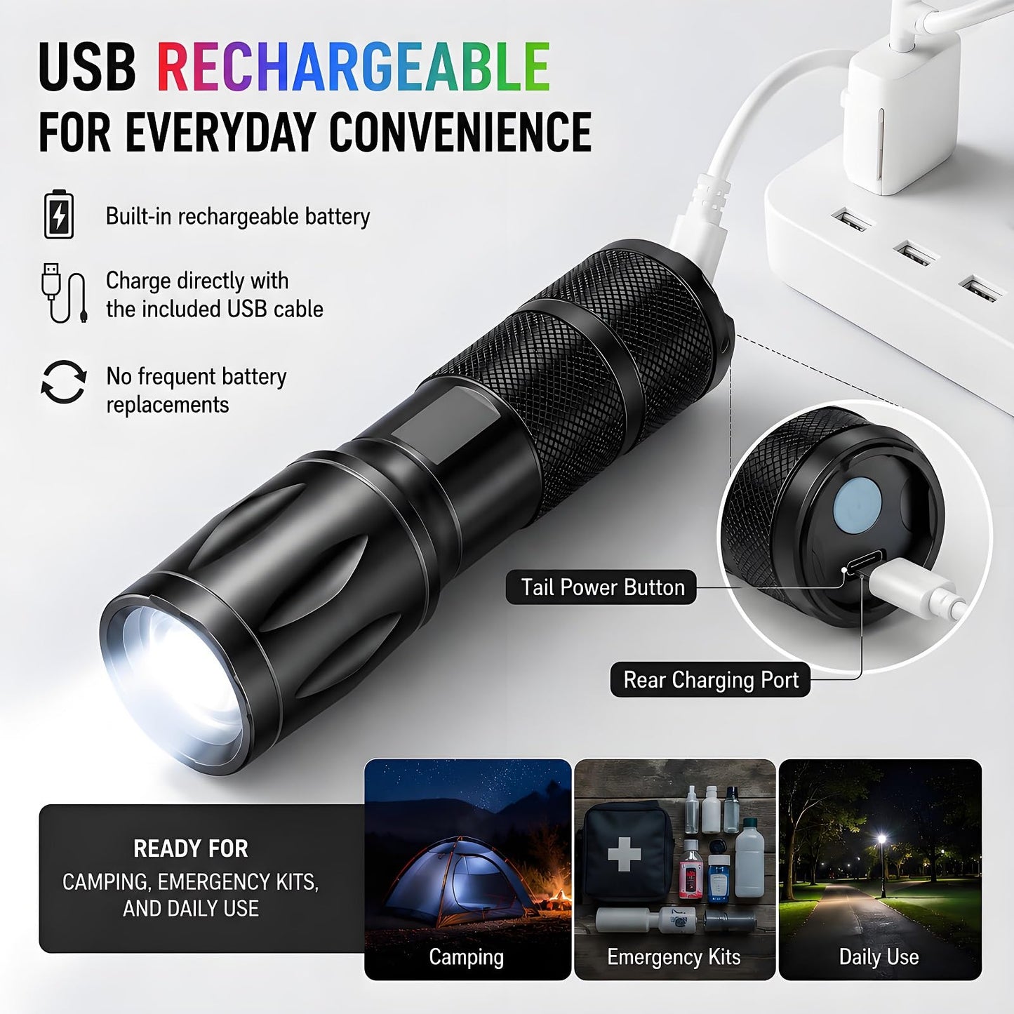 MVIOCS 4-in-1 Red Rechargeable Flashlight - Multi-Color LED (White/Red/Blue/Green) Torch with 4 Modes, High Lumens Zoomable Flashlight for Camping, Observation, Emergency & Outdoor Adventures