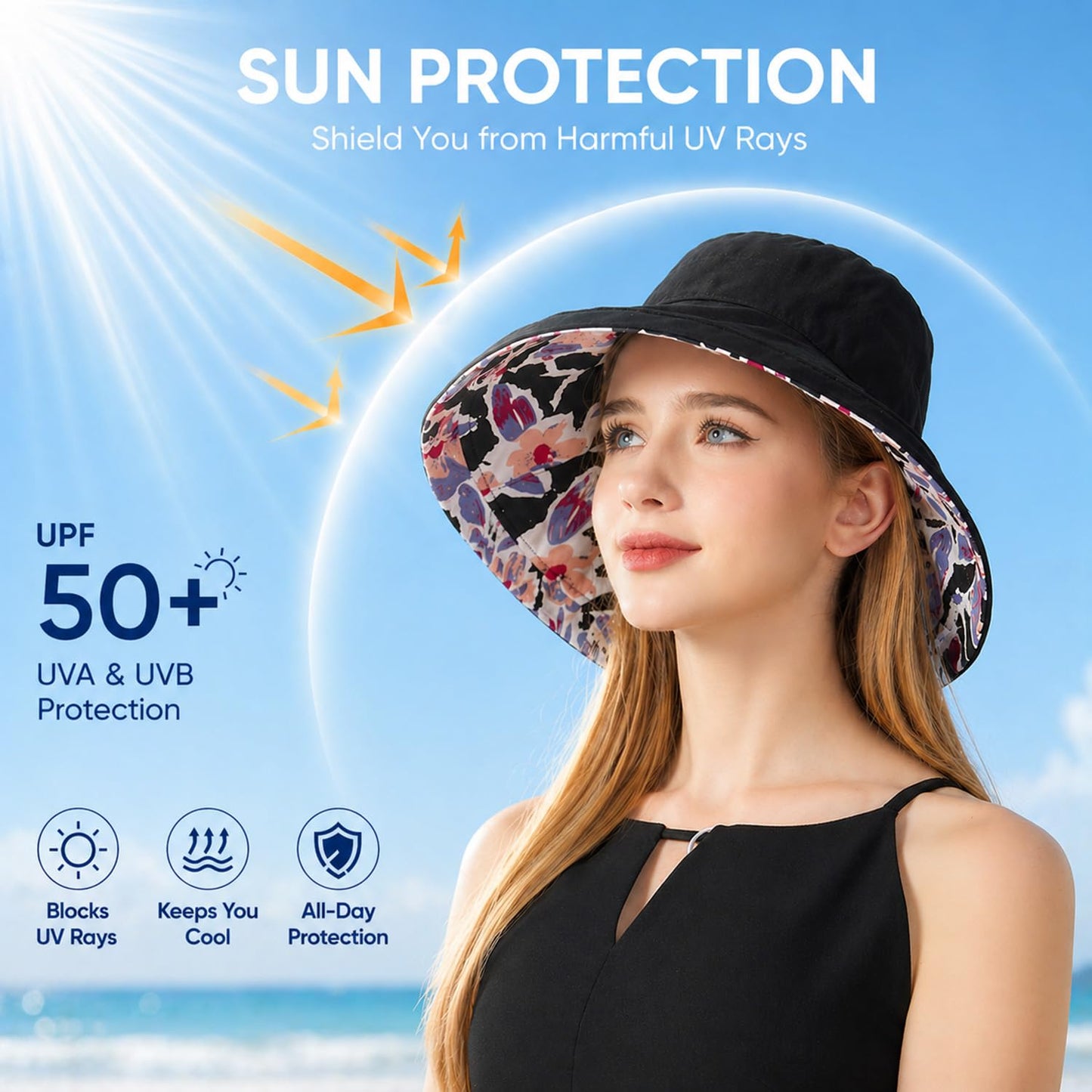 HUAMULAN Wide Brim Women Sun Hat Summer Beach Bucket Fishing Hats Reversible Packable UV Protection for Hiking Garden Travel