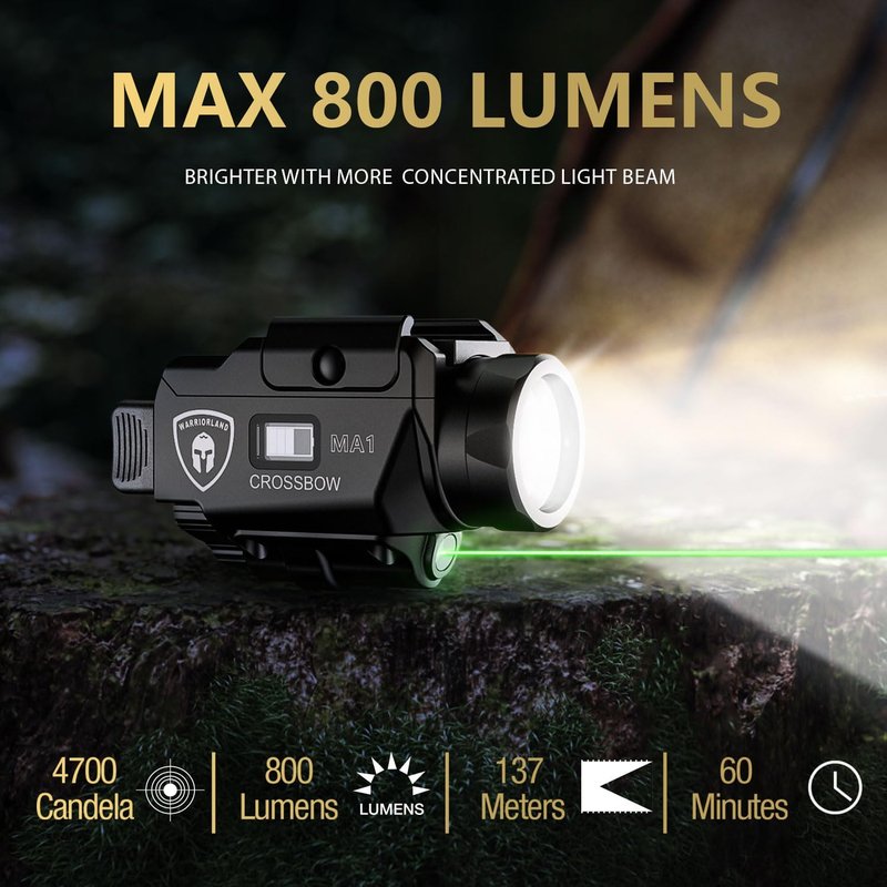 WARRIORLAND MA1 800-Lumen Tactical Pistol Light & Laser Combo - Fits Glock 17/19/19X Gen 3-6 & G34 Gen 4-5 | Rechargeable with Power Status Screen