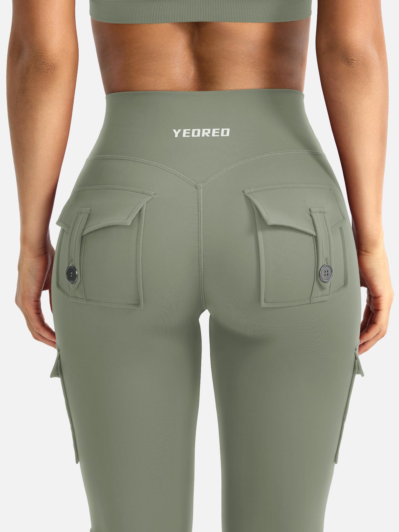 YEOREO CoreFlex Women Workout Flare Leggings with Pockets Hidden Scrunch High Waisted Cargo Gym Yoga No Front Seam Leggings Light Army Green S