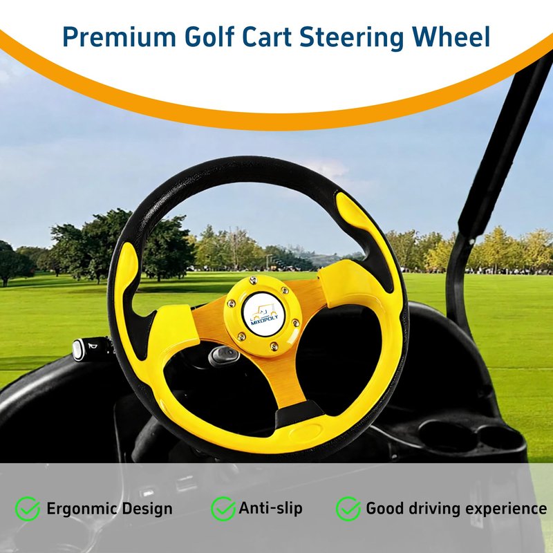 Mixopoly Golf Cart Steering Wheel for Club Car, EZGO, and Yamaha Golf Carts. PP + PU + Aluminum Alloy, Comfortable Grip, 12.5" (yellow-round)