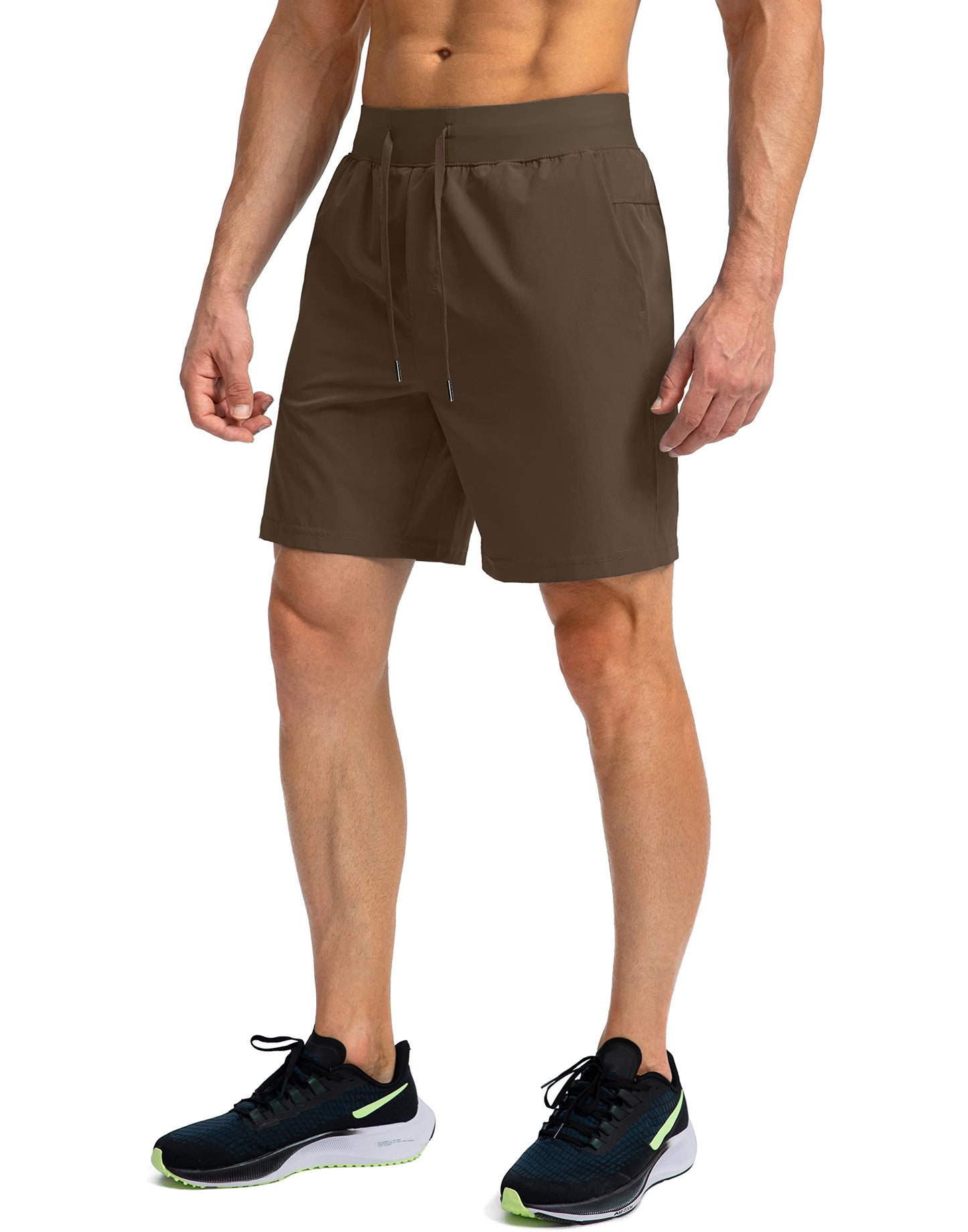 Soothfeel Men's Running Shorts with Zipper Pockets 7 Inch Lightweight Quick Dry Gym Athletic Workout Shorts for Men (Brown, XL)