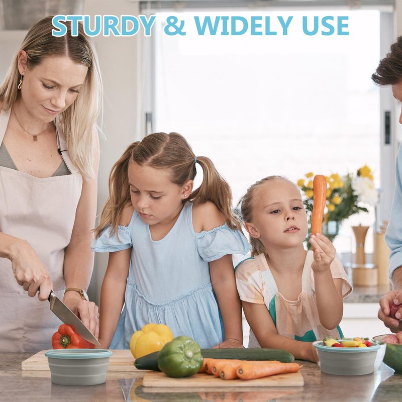 Suclain 4 Pcs Collapsible Bowls with Lids Silicone Camping Food Storage Container Expandable Folding Salad Lunch Box Travel Container for Hiking Camping(Blue Rim Gray,12 oz)