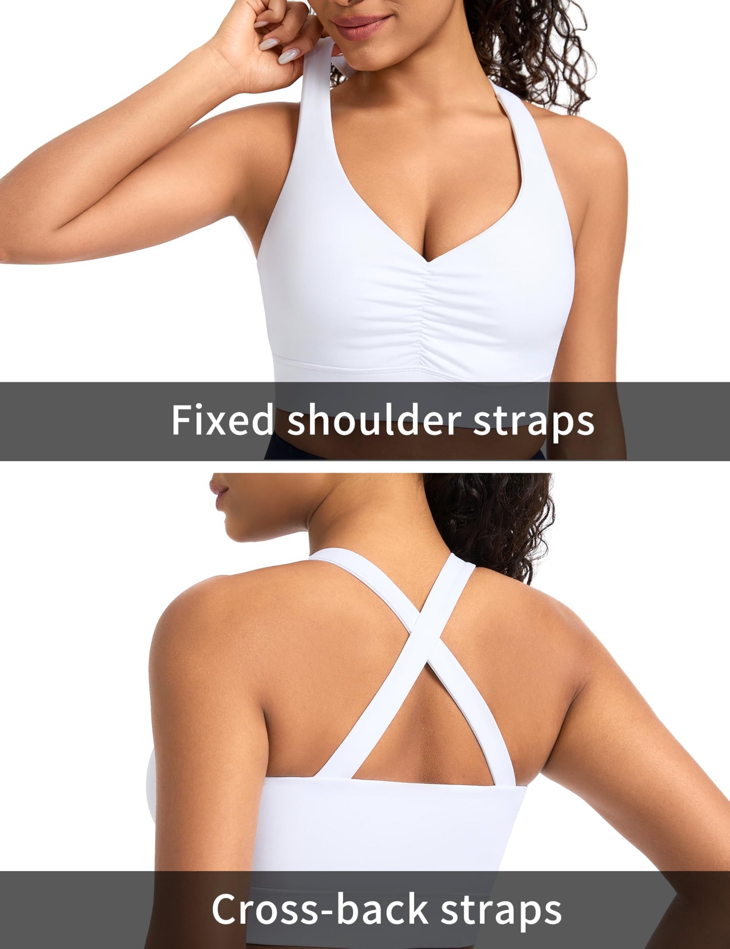THE GYM PEOPLE Women's Cross Back Ruched Sports Bra V Neck Wide Straps Removable Pads Workout Yoga Crop Top White