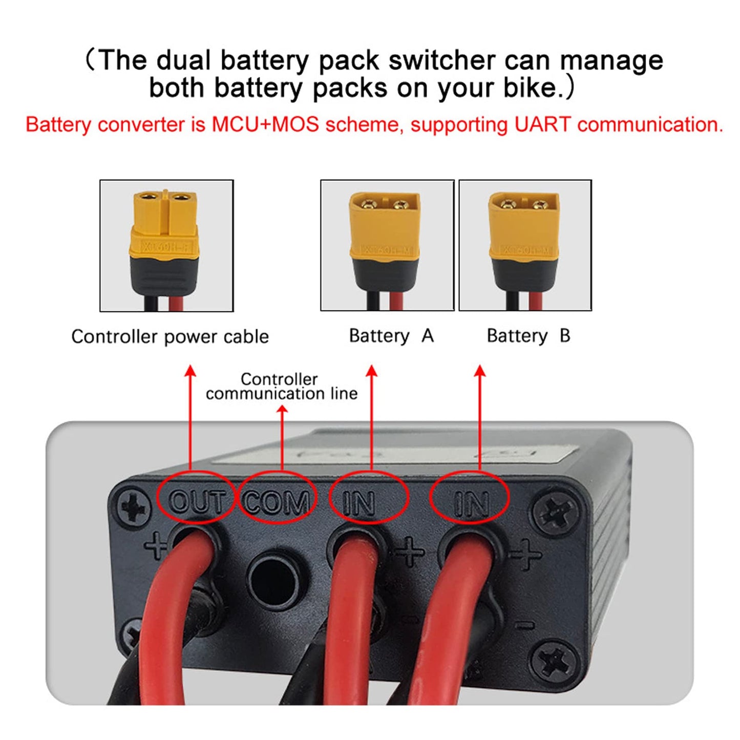 Sorandy Dual Battery Discharge Converter for E Bike, Parallel Battery Adapter for Increase The Capacity, Parallel Equalization Module XT60 Connector, Dual Battery Pack Switch 20V - 72V