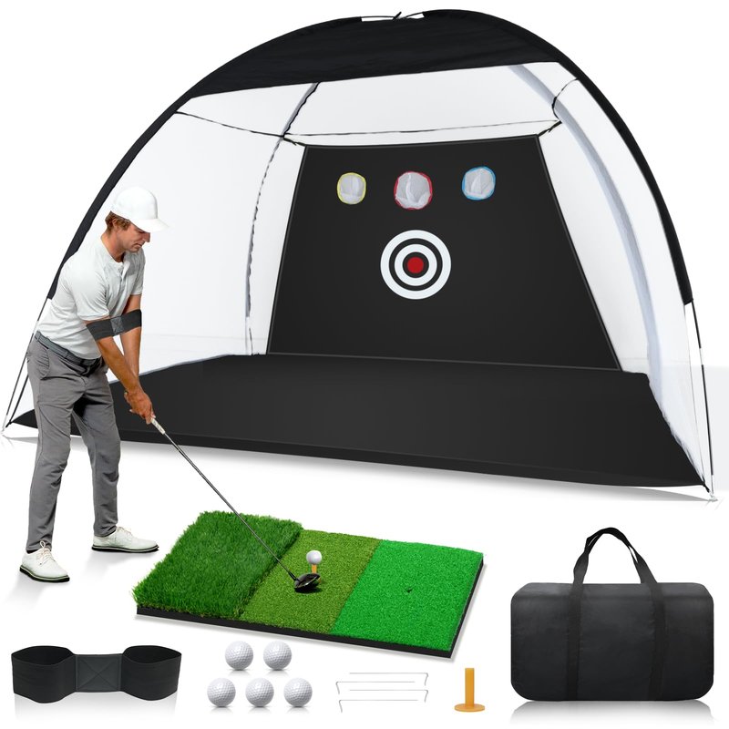 Golf Net: 10 x 7ft Golf Hitting Practice Nets for Backyard Driving, Indoor & Outdoor Chipping Swing Training Net with Mat, Targets & Balls, Ideal for Men Dad Husband Boys Golfers