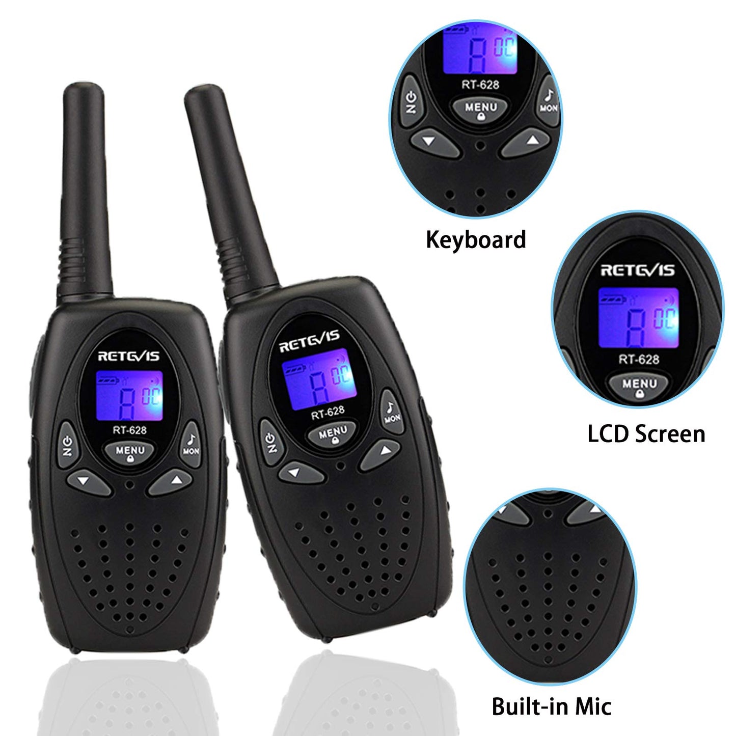 Retevis RT628 Walkie Talkies, Long Range Walkie Talkies for Adults, Belt Clip Key Lock Crystal Voice, Family Two Way Radios 4 Pack with for Camping Hiking(Black,4 Pack)