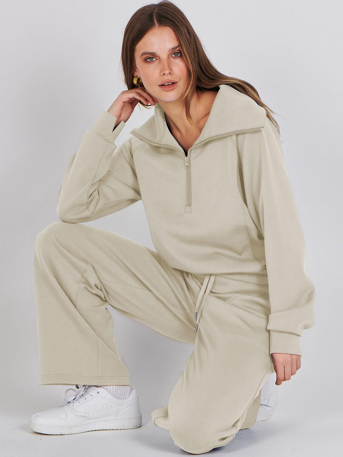 Caracilia Womens 2 Piece Outfits Sweatsuit Set Half Zip Oversized Sweatshirt Wide Leg Sweatpant Fall Lounge Sets Tracksuit Khaki Large