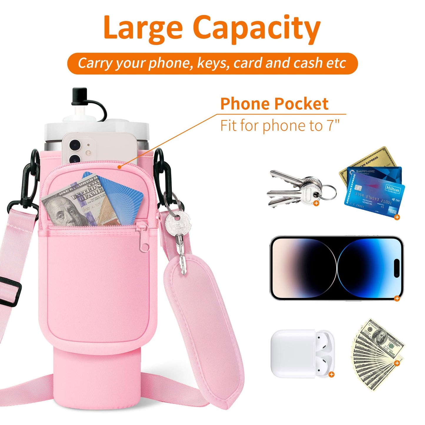 Sleeve Bag with Strap for Stanley 30 oz Tumbler with Handle & Simple Modern 30oz Travel Coffee Mug - Water Bottle Sling Holder for Stanley Cup Accessories with Paracord Handle & Straw Cover-Pink