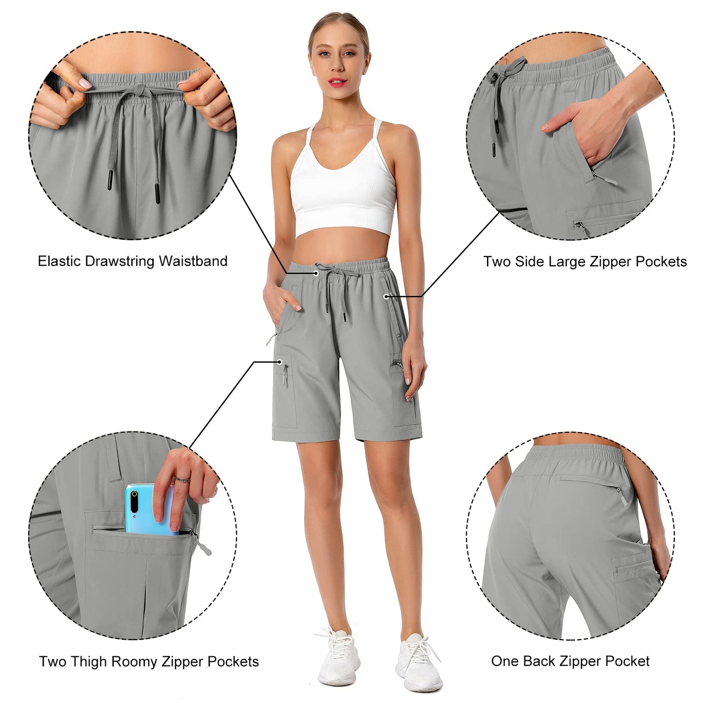 Hugut Women's Lightweight Hiking Cargo Shorts Quick Dry Athletic Shorts Camping Travel Golf Zipper Pockets Water Resistant