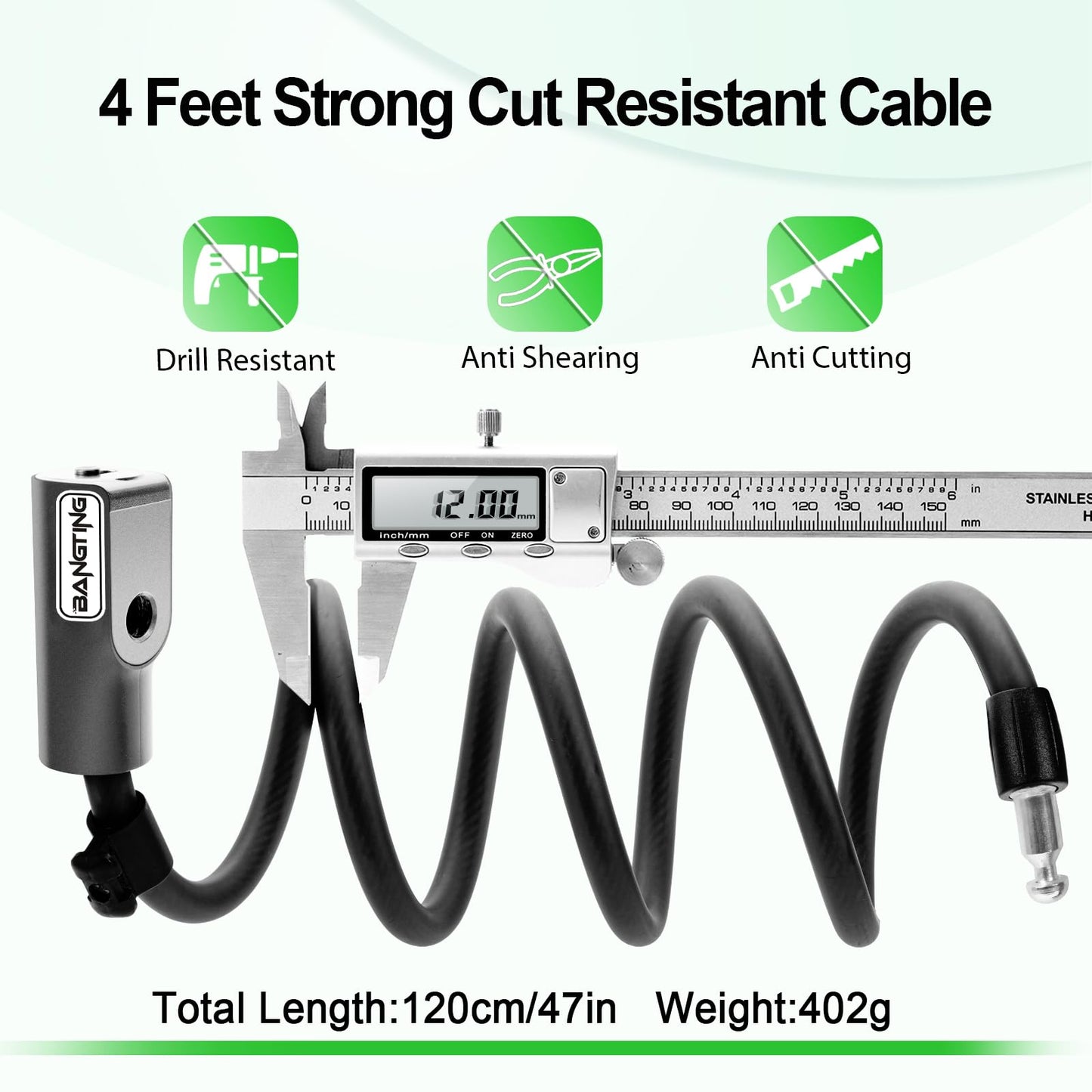 BANGTING 4 Feet Electric Scooter Bike Lock with Mounting Bracket & 2 Keys - 12mm Thick Heavy Duty Keyed Cable Lock, Anti Theft Weatherproof for E-Scooter, Bicycle, Kids Bike, Ebike, Scooter, Stroller