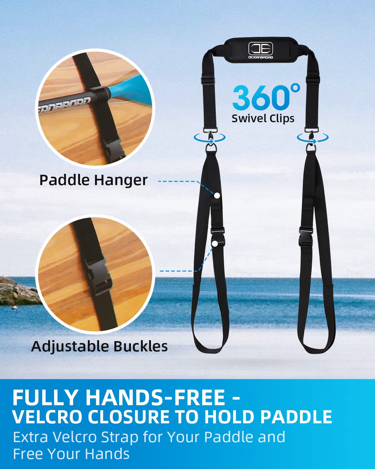 OCEANBROAD Adjustable Shoulder Carry Strap with Clips for SUP Kayak