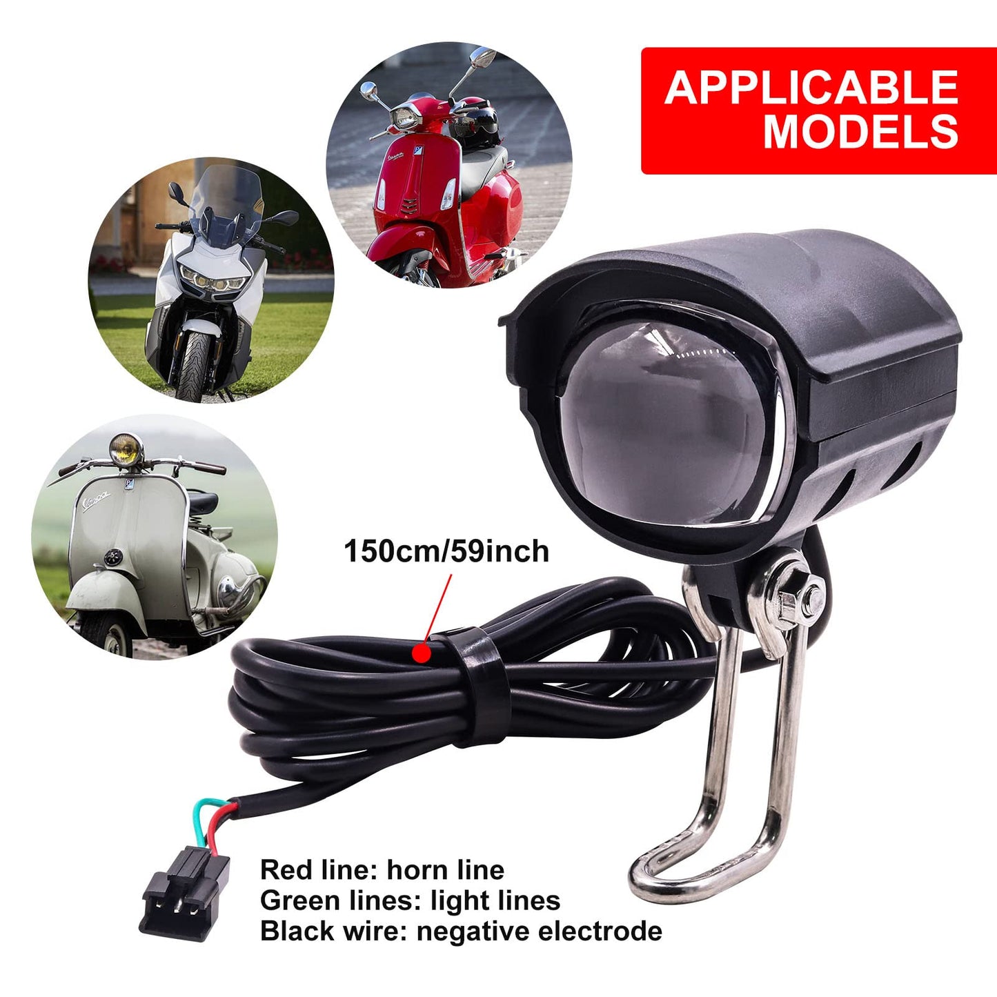 Biqing 2 in 1 Electric Bike Spotlight with Horn,36-60V Bike Front Light 12W Motorcycle Spotlight Fog Light with Bell Waterproof for Electric Scooter(with 59in Wire Cable)