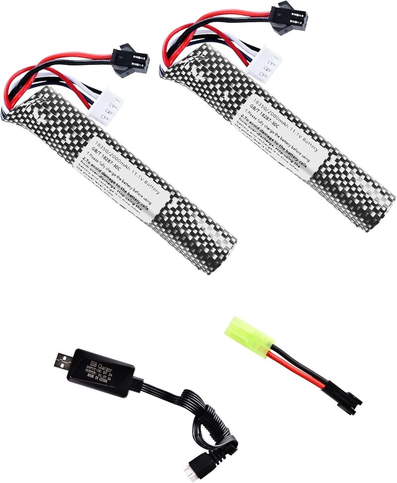 Rechargeable 11.1V 2000mAh Battery with Charger - Mini Tamiya Connector for Airsoft & Gel Ball Blaster Gun | 2-Pack