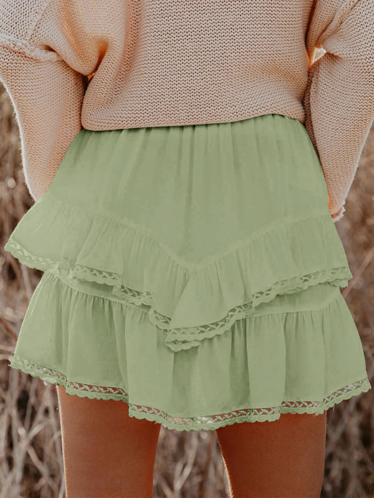Aoudery Flowy Shorts for Women Casual Boho Ruffle Tiered Skorts High Waist Mini Skirts Golf Tennis Butterfly Crochet Shorts - Grey Green M