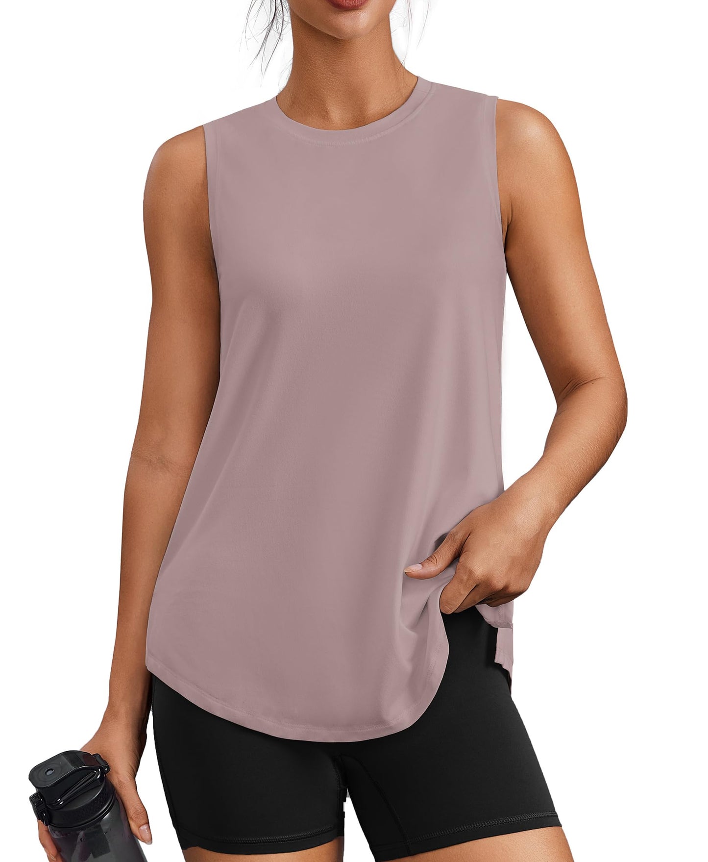 PINSPARK Workout Tank Top for Women Sleeveless Athletic Yoga Tops Crew Neck Quick Dry Running Tennis Shirt UPF 50+ Soft Sports Muscle Tank, Warm Ash Grey Large