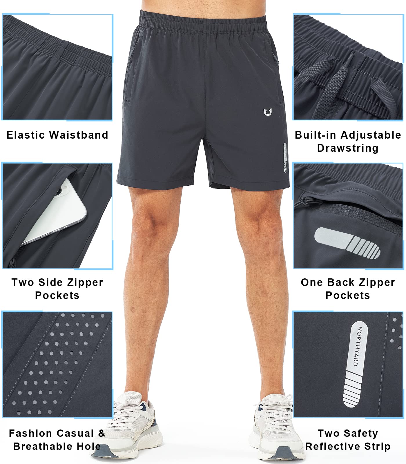 NORTHYARD Men's Athletic Running Shorts Gym Workout 7"/9"/5" Quick Dry Lightweight Sports Basketball Tennis 3 Zipper Pockets DARKGREY-5inch S