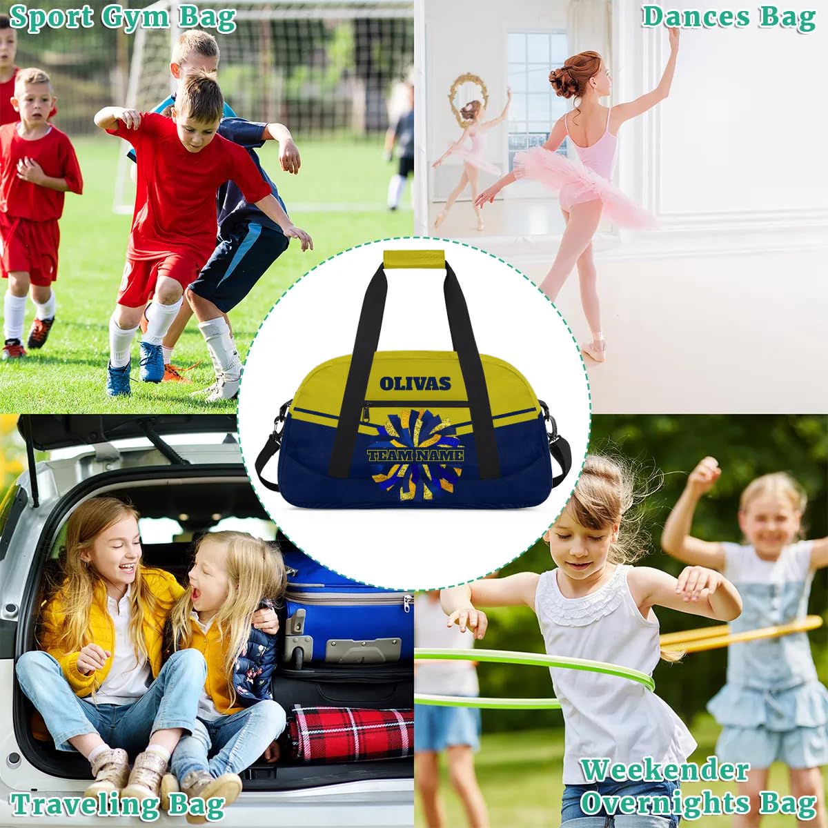 Personalized Cheerleader Bag Dance Bag for Girl, Custom Team Bag Gym Bag Sport Duffel Bag, Weekender Bags Travel Bag for Cheer Team Blue Gold Glam