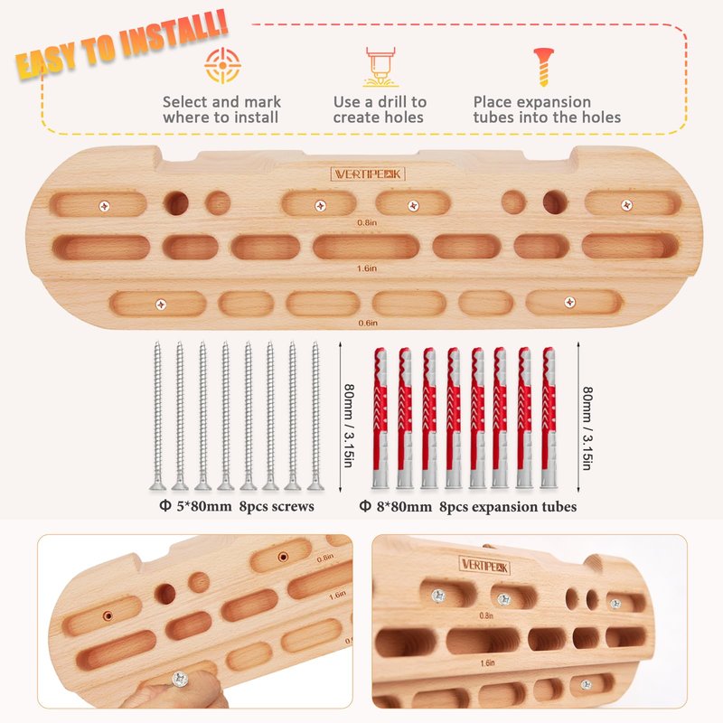 VERTIPEAK Wooden Hangboard Rock Climbing, Climbing Fingerboard with Mounting Kit for Hanging Practice, Finger Strength and Pull Up, and Bouldering Gift for Climbers (Basic)