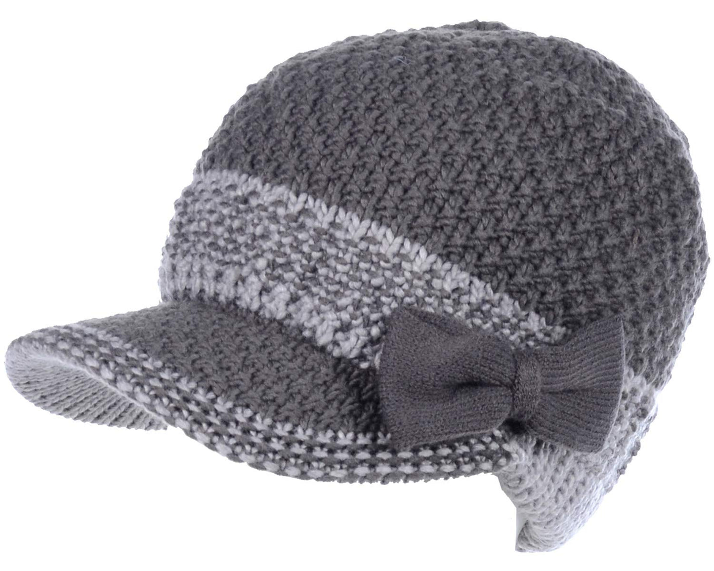 BYOS Womens Winter Warm Fleece Lined Knitted Beret Beanie Hat Cap w/Visor Peak (Dk.Gray Bow)