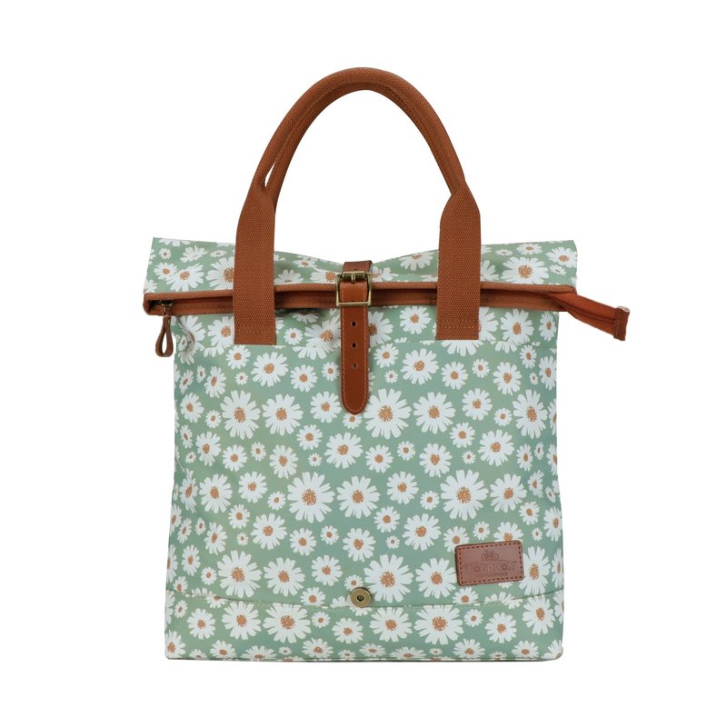 TOURBON Nylon and Leather Roll-top Clip-On Bicycle Panniers Women's Shoulder Tote Bag (Light Green with Flower)