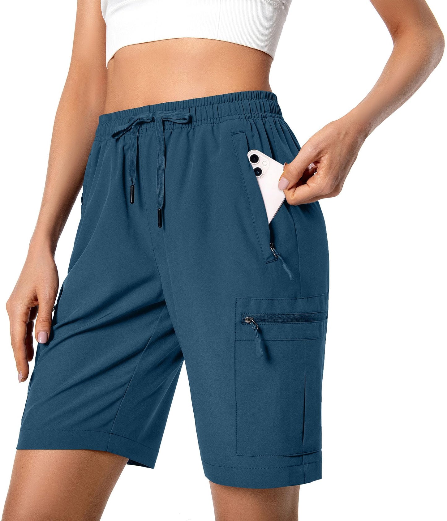 Hugut Women's Lightweight Hiking Cargo Shorts Quick Dry Athletic Shorts Camping Travel Golf Zipper Pockets Water Resistant Dusty Blue