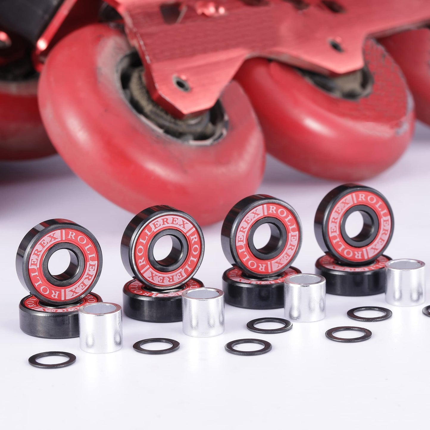 Adventure World Atlas 608-2RS Pre-Lubricated Skate Wheel ABEC-7 Bearings, Spacers & Washers Kit– for Roller Skates, Inline Skates, Roller Blades, Scooters, & Skateboards (8-Pack)