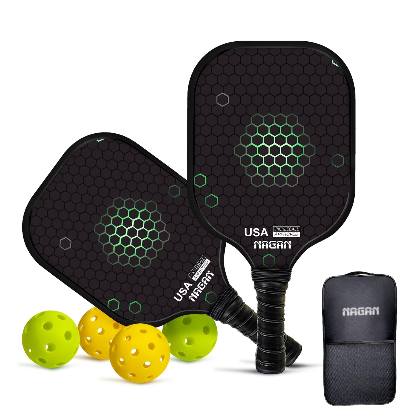 NAGAN Pickleball Paddles, USAPA Approved Durable Fiberglass Surface Pickleball Set with 4 Balls, 1 Bag for Men Women