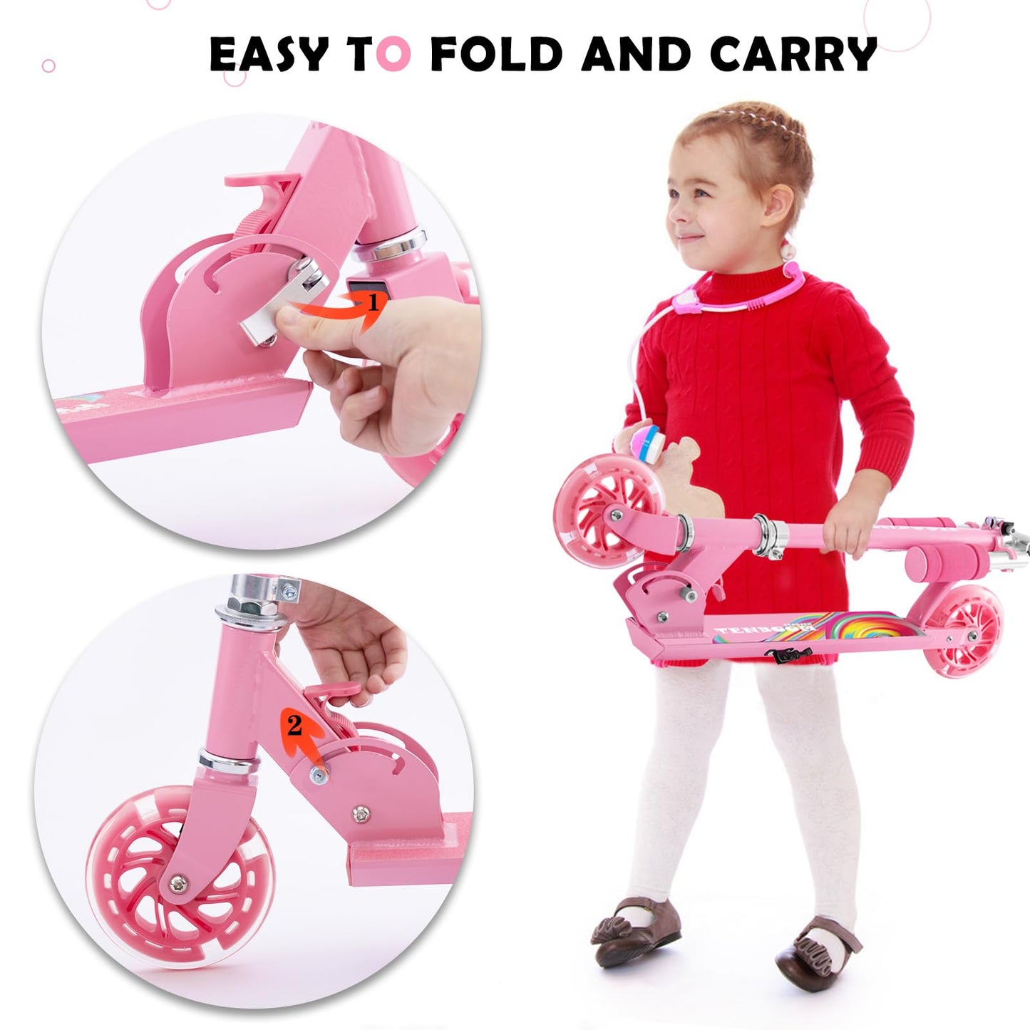 TENBOOM Scooter Toys for Kids Ages 6-12/3-5, Max Load 220 LBS, Foldable Lightweight Kick Scooter with Light Up Wheels, Kickstand, 3 Adjustable Levels, Rear Brake, Pink