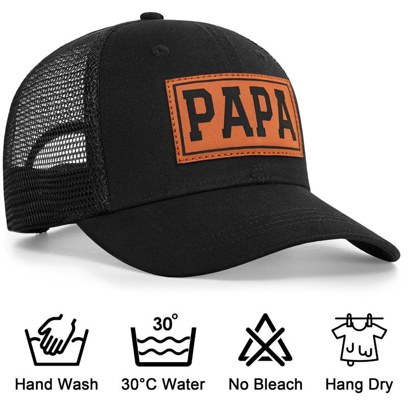 Great for Grandpa, Papa Gifts from Grandkids - Black Trucker Hat with Vintage Leather Patch