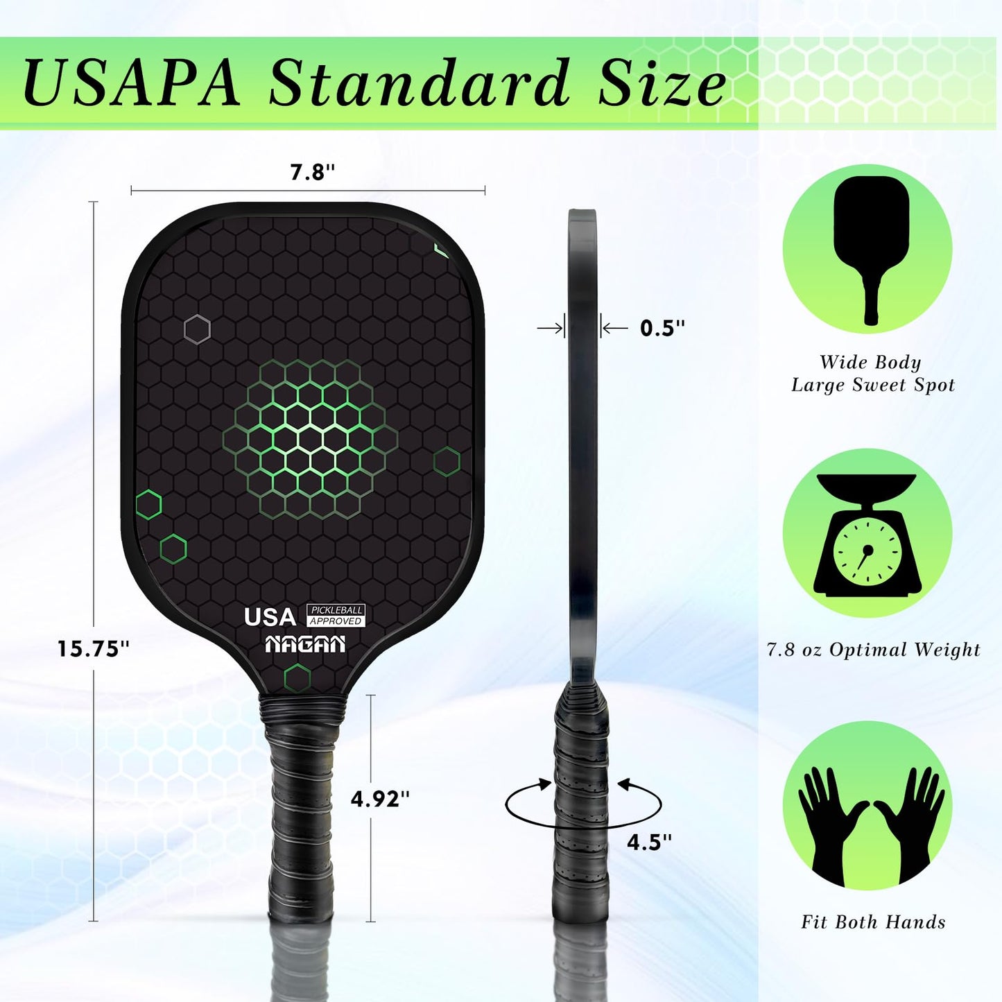 NAGAN Pickleball Paddles, USAPA Approved Durable Fiberglass Surface Pickleball Set with 4 Balls, 1 Bag for Men Women