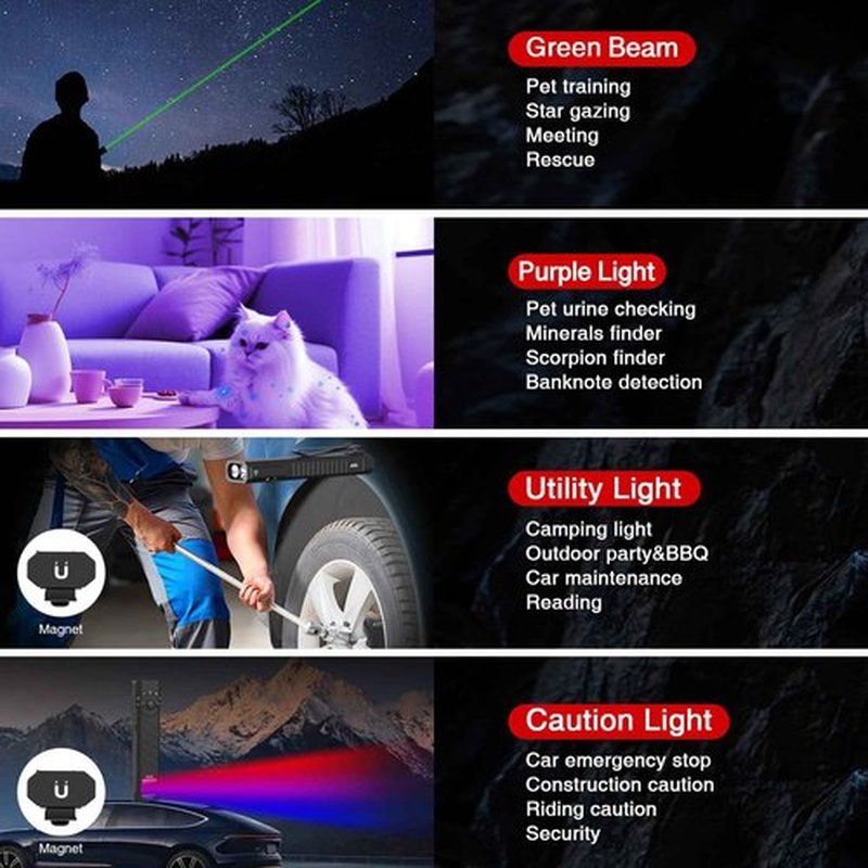 DEFENTAC 1300 Lumens Aluminum EDC Flashlight with Green Beam, Purple LED, Utility and Caution Light, Rechargeable Portable Pocket Light with Strobe, Five Lights in One for Emergency