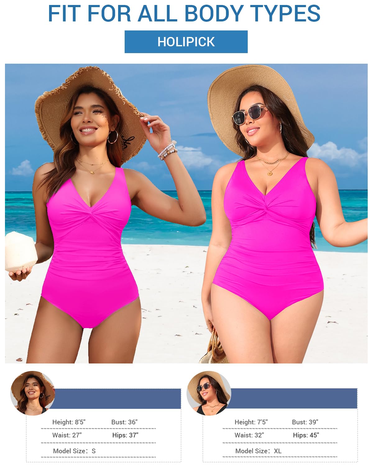 Holipick Hot Pink Women Tummy Control One Piece Swimsuit - Push Up Bathing Suit Full Coverage Slimming Swimwear M