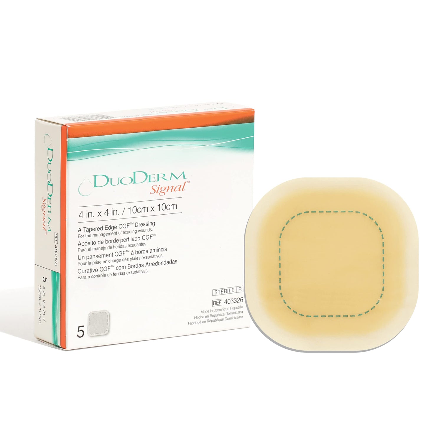 ConvaTec DuoDERM Signal CGF 4"x4" Hydrocolloid Tapered Edge Sterile Adhesive Dressing with Change Indicator for Exuding Wounds, Waterproof, Latex-Free, Flexible, Square, Beige, 5ct Box