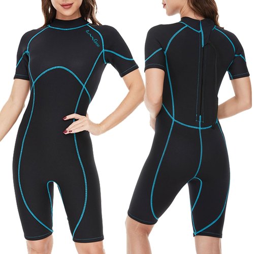 OMGear Wetsuit Women Men 3mm Neoprene Dive Wet Suit for Cold Water Short Thermal Swimsuit for Adults Snorkel Suit for Snorkeling Scuba Diving Swimming Surfing(Wathet,M)
